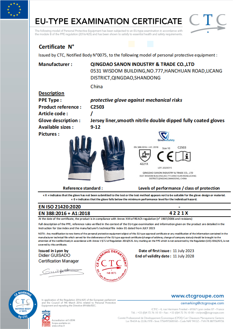 C2503 fully coated blue nitrile gloves certification