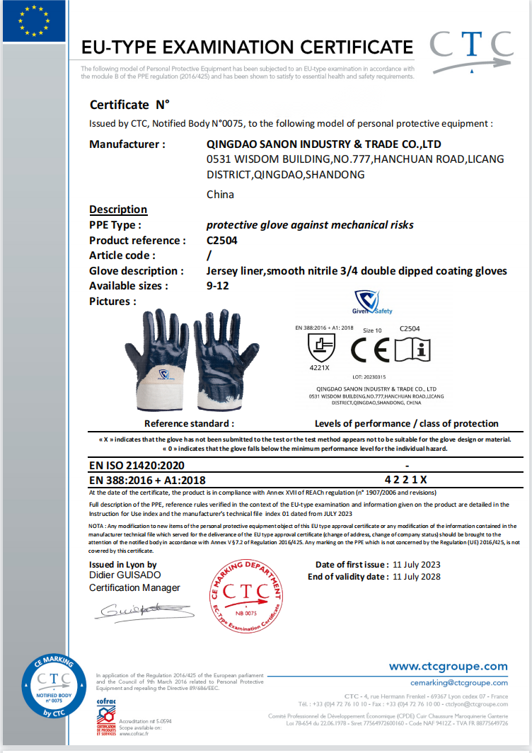 C2504 half dipped blue nitrile coated gloves certification